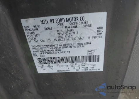 2007 Ford F-150 Fx4/Xlt из США, поврежденный, VIN 1FTPW04537KB23132